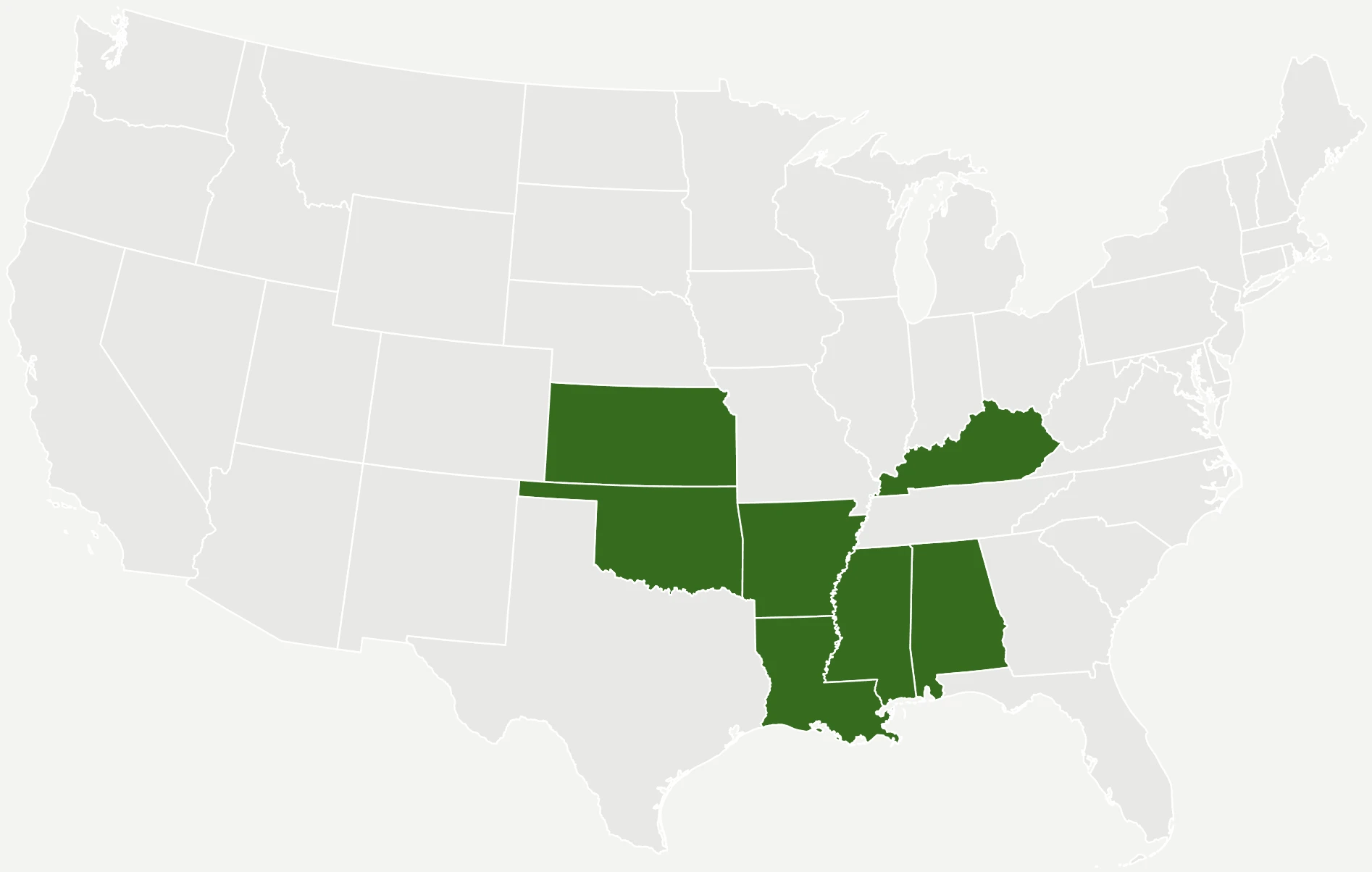 Map of the continental United States. Seven states are highlighted in green: Kansas, Oklahoma, Arkansas, Louisiana, Mississippi, Kentucky and Alabama.
